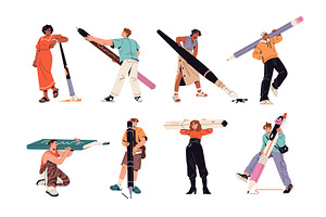 Tiny people with big pens, pencils, a Person Illustration by PaperTrident