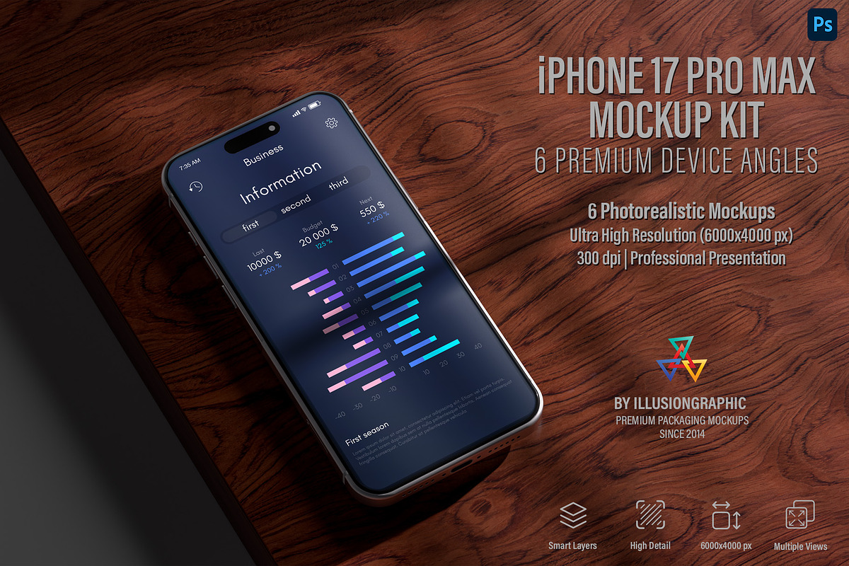 iPhone 17 Pro Max Mockup Kit, an iPhone Mockup by Illusiongraphic (Photo 1 of 15)