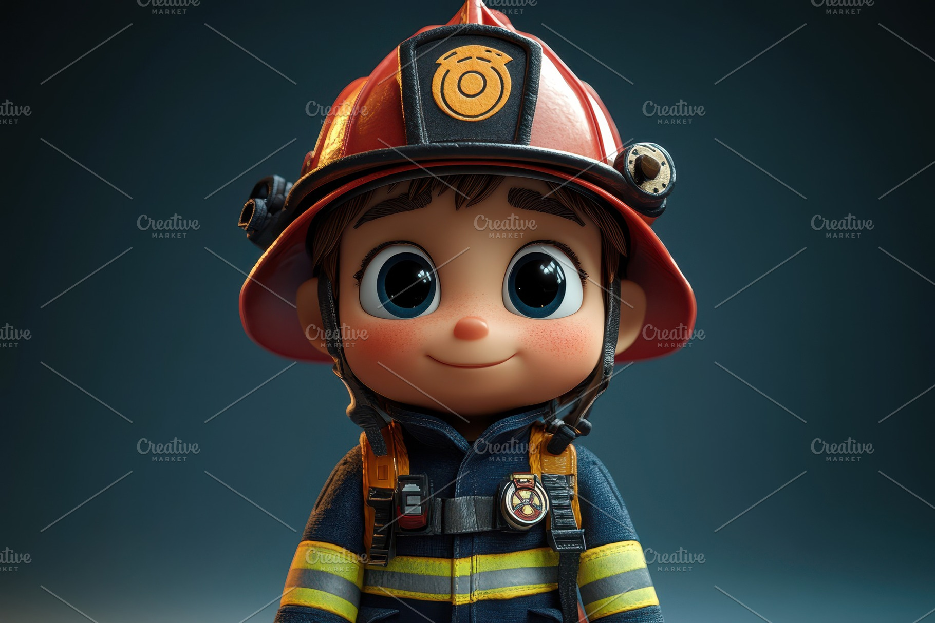 Young firefighter character in brigh, a Photo by Tanuart