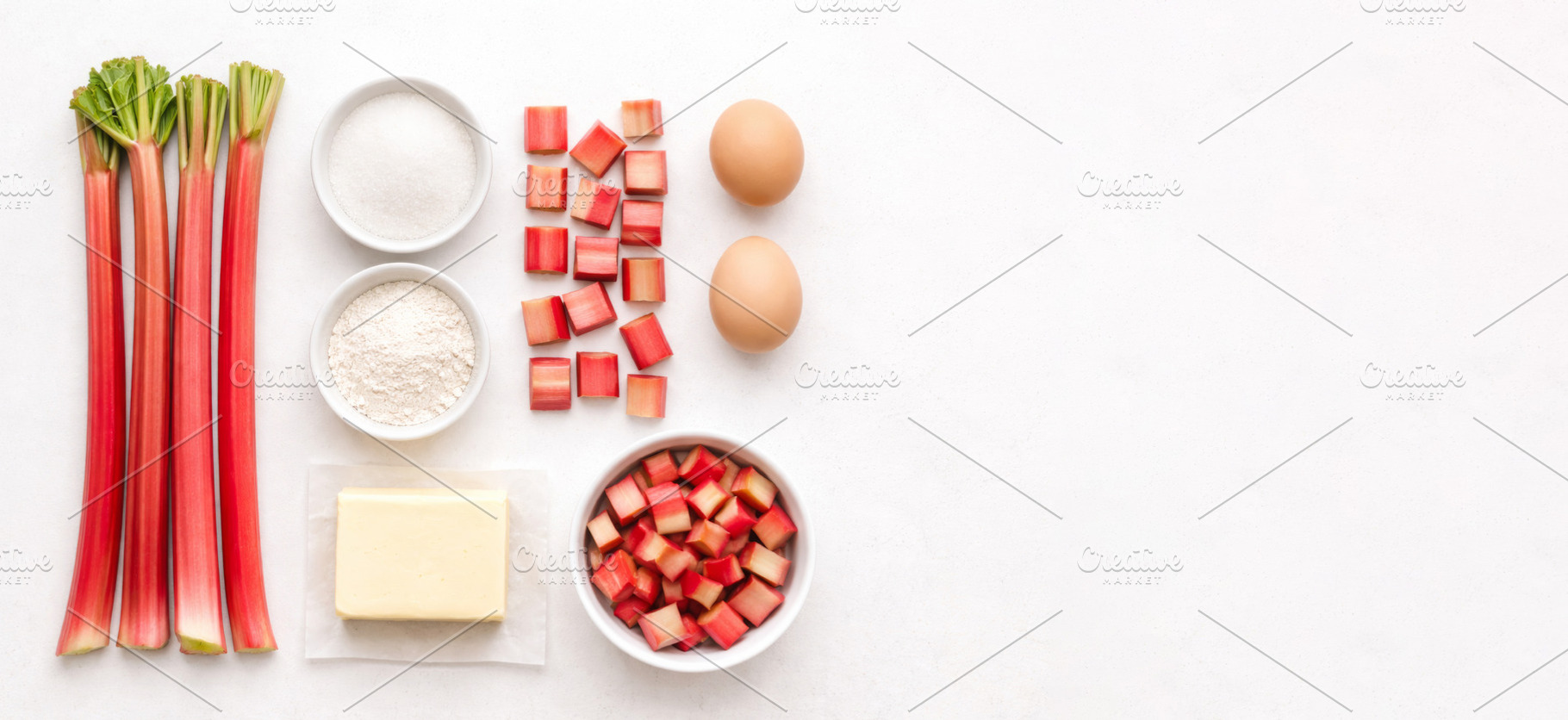 Rhubarb baking ingredients and eggs, a Photo by Dvoevnore photos