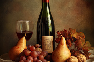 Still life composition with red wine bottle, glass, pears, grapes, walnuts, and, a Food & Drink Photo by Studio ANNA