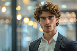 Young businessman in business suit standing on blurred office background, a Person Photo by AlyaAnd