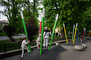 Children playing on a colorful outdoor playground in a park surrounded by trees, a Person Photo by AS photostudio