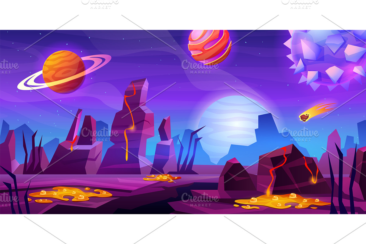 Alien planet surface. Cartoon, an Illustration by Stock-Smart-Start