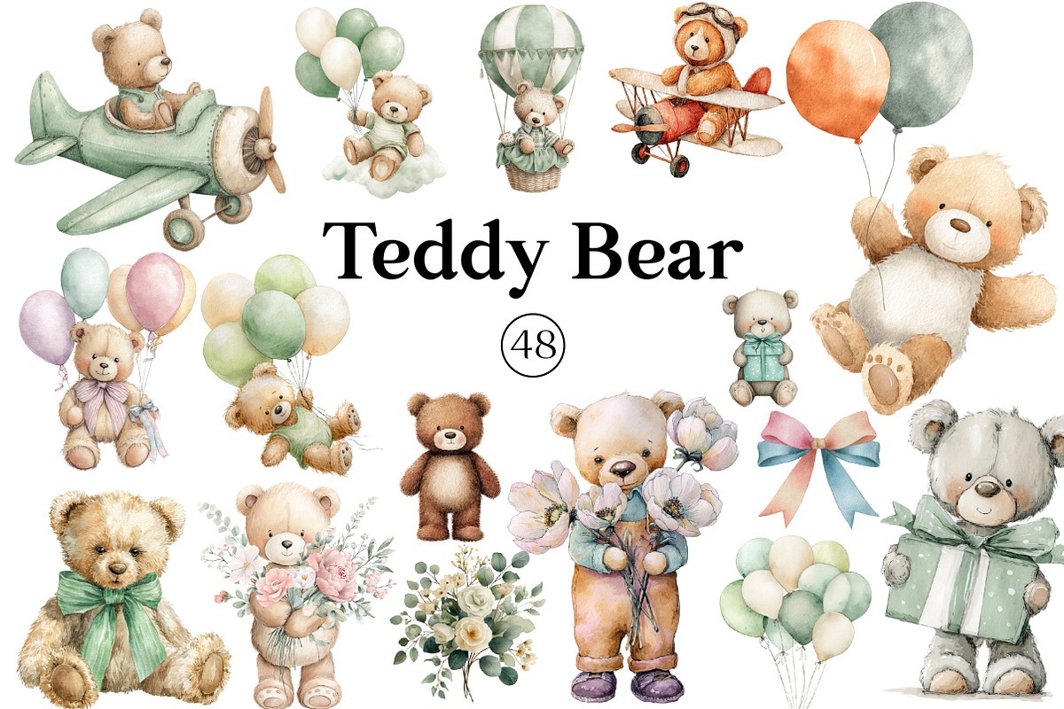Watercolor Teddy Bear Clipart, an Illustration by DreamCafeArt (Photo 1 of 8)