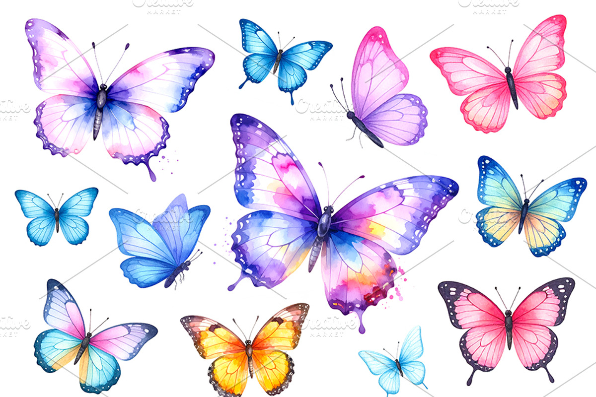 Set Of Butterfly In Watercolor Style, an Animal Illustration by Black White Mouse Design