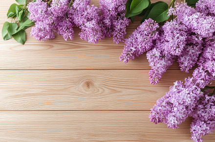 Vibrant lilac flowers arranged elegantly on a wooden surface, a Nature Photo by AlyaAnd