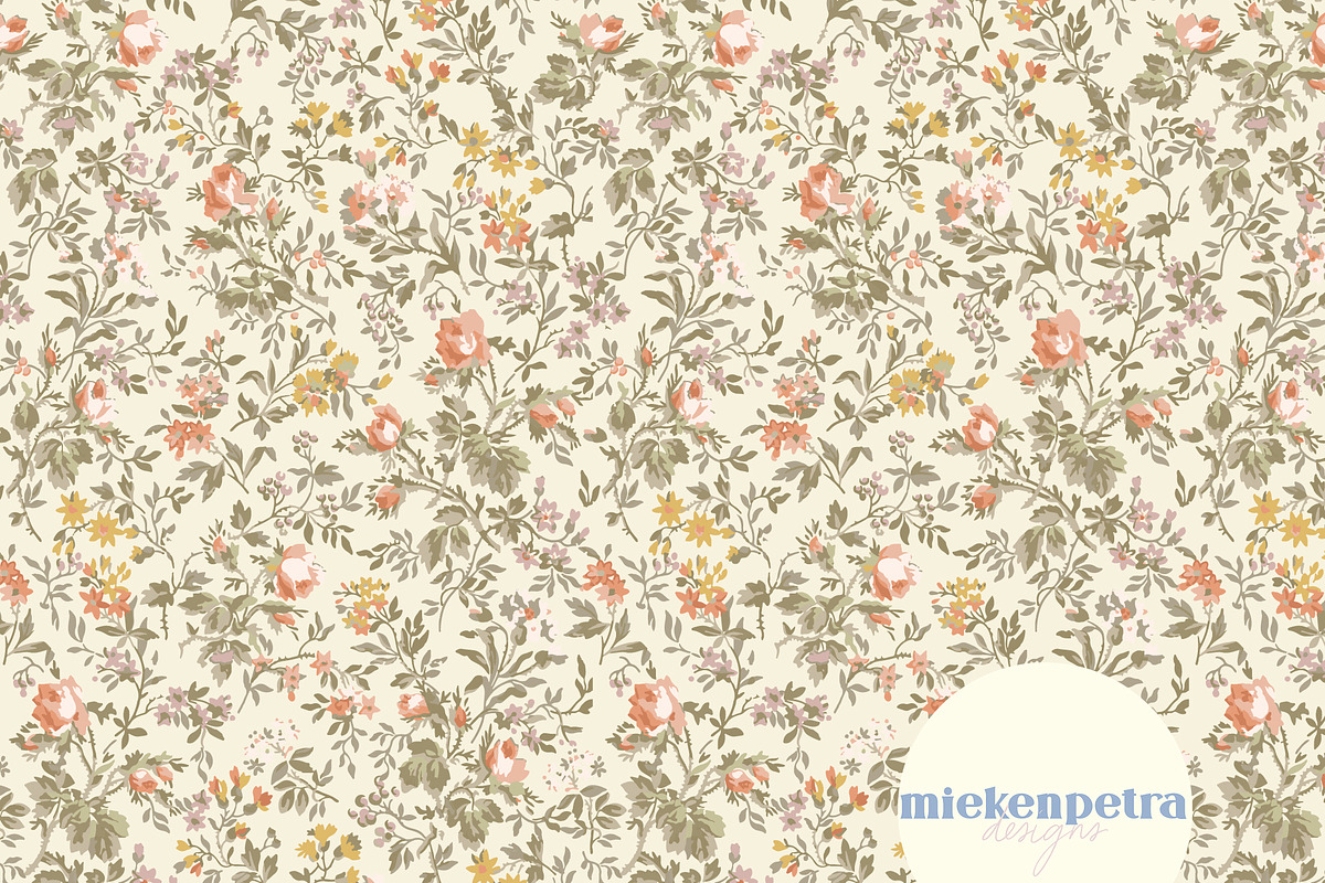 Vintage Floral Coral Mustard Cream, a Pattern Graphic by Mieken Petra Designs (Photo 1 of 4)