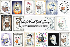 Halloween Ghost Read Book Stamp Clip, an Illustration by Daily.Designs