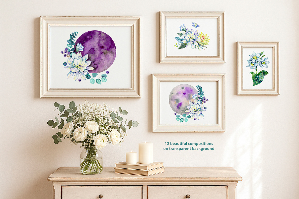 Moon Flowers. Watercolor Clipart Set, a Decorative Illustration by NataliMiasStore (Photo 5 of 6)