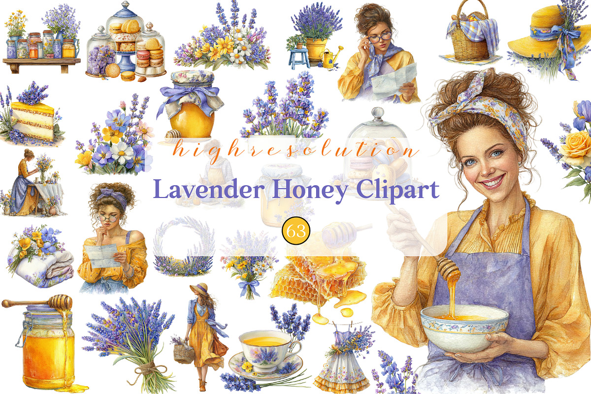 Lavender Honey Watercolor Clipart, an Illustration by DreamCafeArt (Photo 1 of 8)
