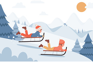 Kids riding on sleds vector flat