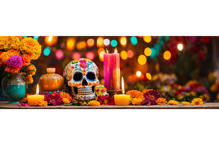 Altar with skull flowers and candles