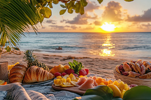 Beach picnic spread featuring fresh, a Photo by Pavel_design