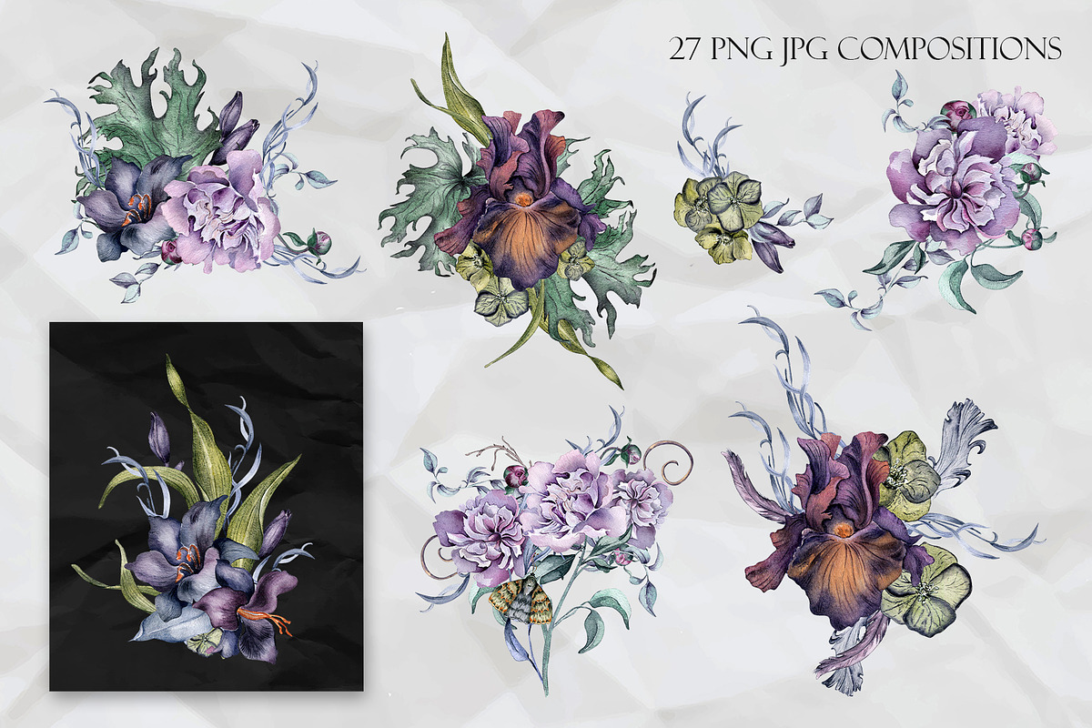 Dark floral watercolor clipart, an Illustration by Kate Lanbina (Photo 5 of 19)