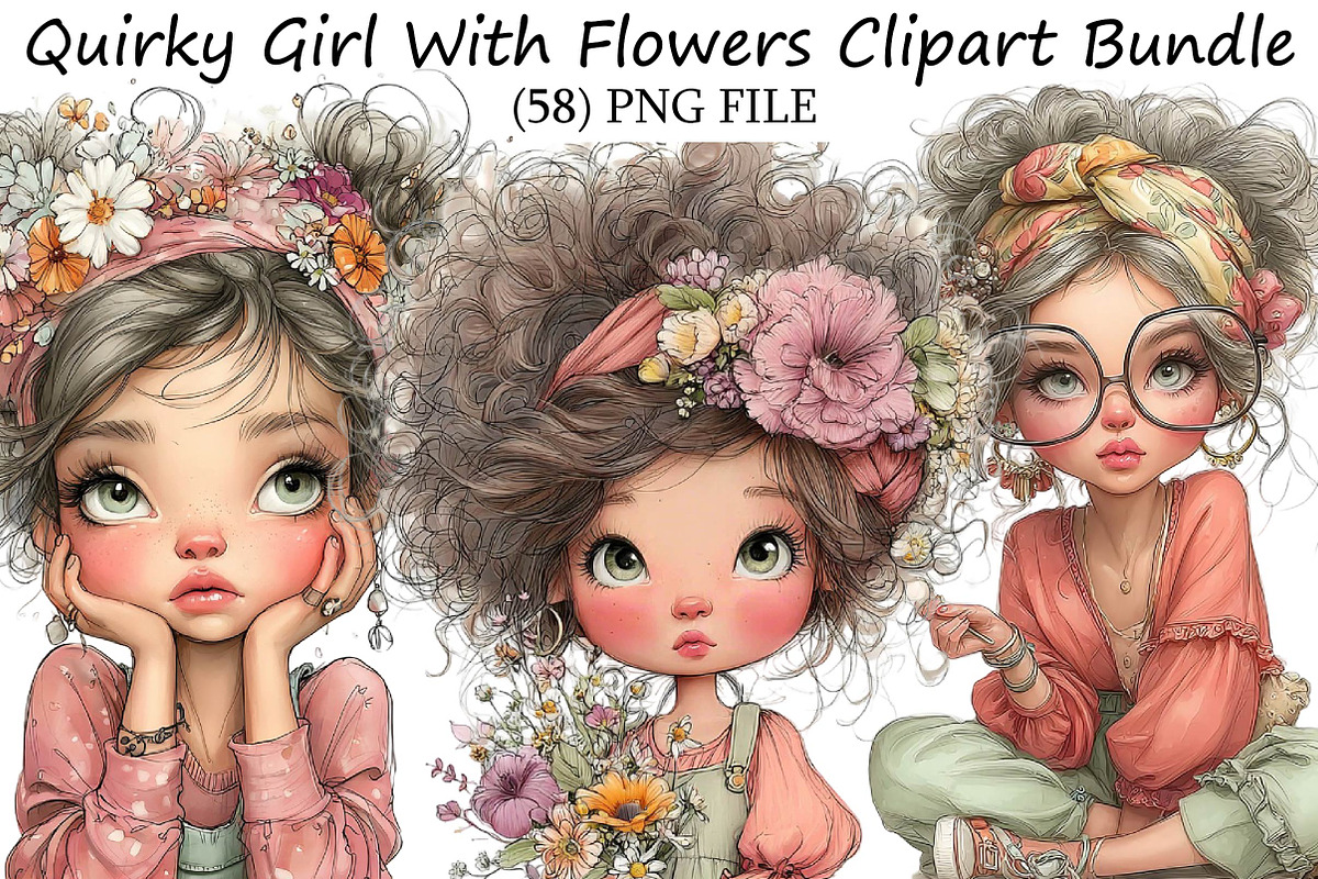 Quirky Girl With Flowers Clipart Bun, an Illustration by DreamPrint404 (Photo 1 of 7)