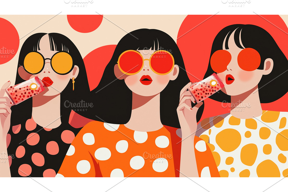 Three stylized women with dark hair, an Illustration by Sergey Kotenev
