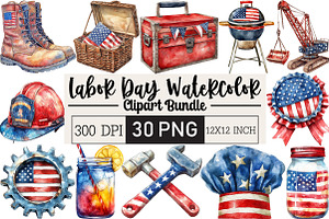Labor Day Watercolor Clipart, an Illustration by Black Bird Studio