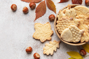 Autumn cookies with nuts and colorful leaves, a Food & Drink Photo by Olena Rudo