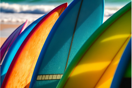 Surfboard colorful beach. Generate, a Holiday Photo by Ylivdesign