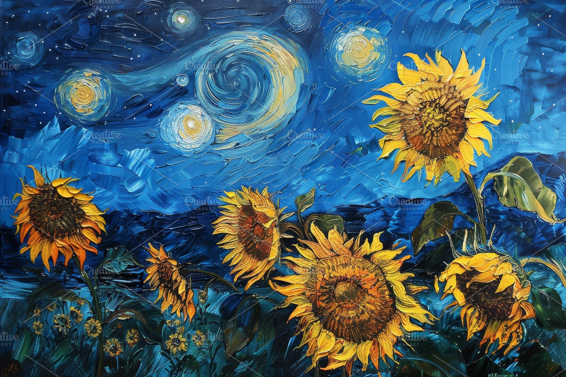 Sunflowers stand tall under a swirli, a Photo by Tanuart