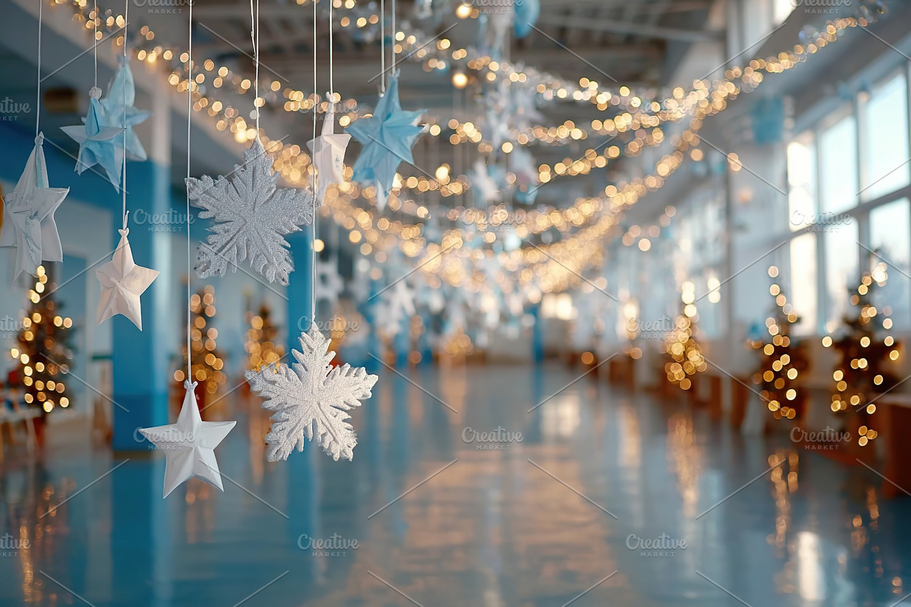 Winter decorations create a festive atmosphere in a spacious indoor venue durin, a Photo by AlyaAnd