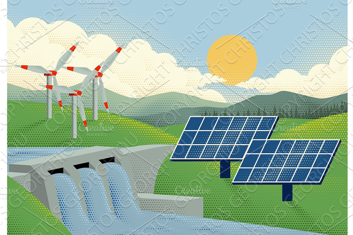 Dam Power Plant Hydroelectric Solar, an Object Illustration by Christos Georghiou