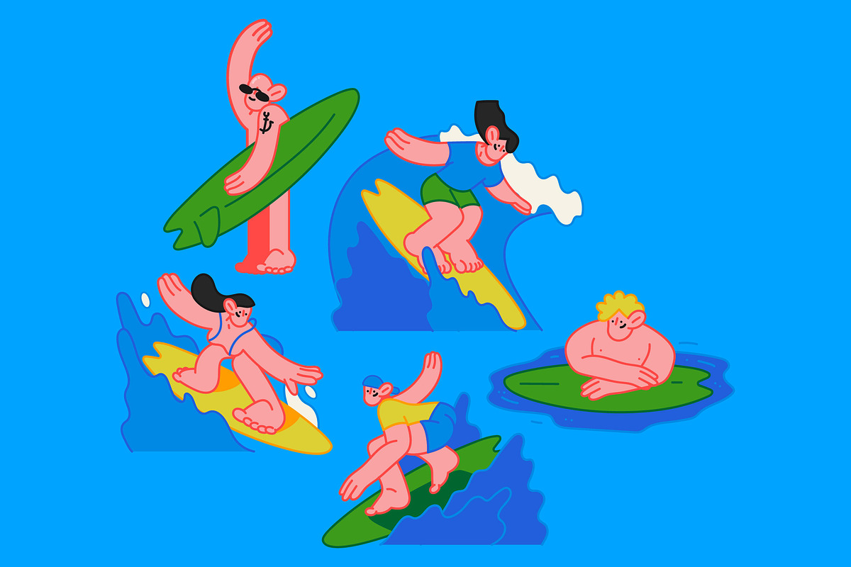 Blue Flat Surfing Asset Illustration, a Sport Illustration by graphicook
