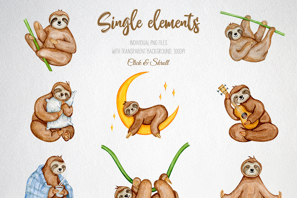 Cute Sloths - watercolor set, an Animal Illustration by CrystalinaShop (Photo 2 of 4)