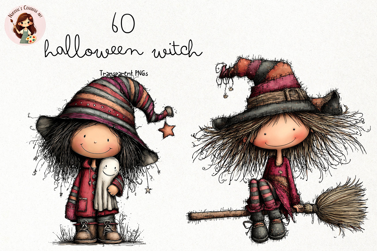 Whimsical Halloween Witch PNG, a Seasonal Illustration by Nicolle's Colorful Art (Photo 1 of 5)