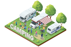 Isometric camping scene with RVs, a Sport Illustration by Golden Sikorka