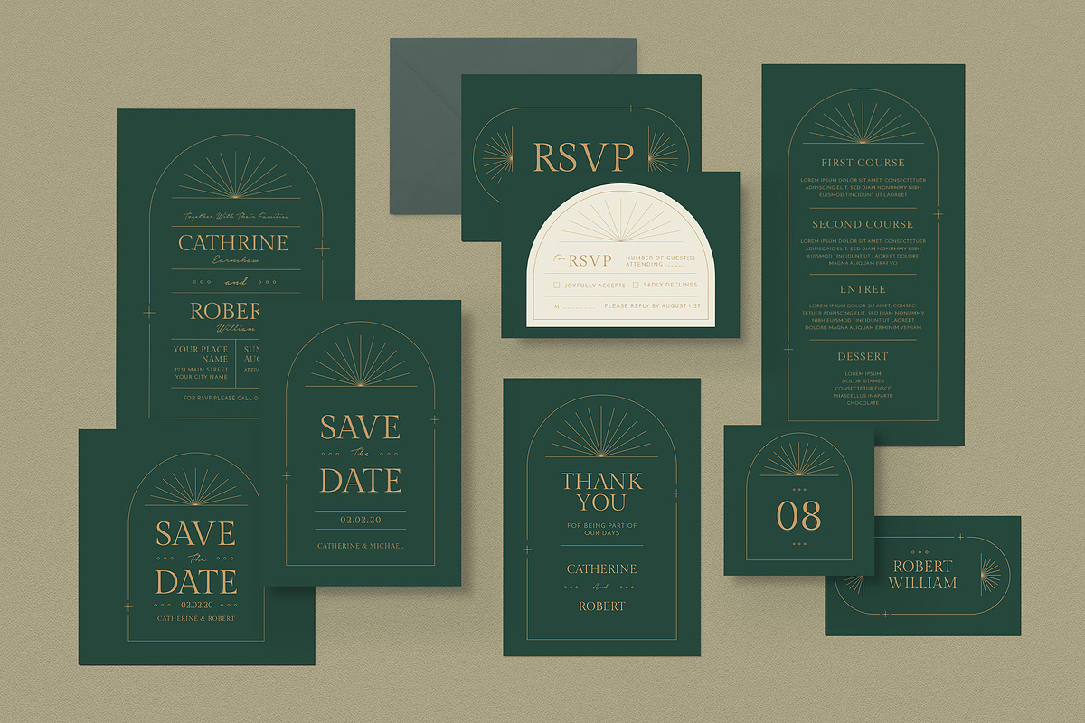 Green Deco Wedding Invitation Set, an Invitation Template by Vynetta (Photo 1 of 3)