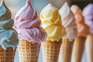 Colorful soft ice cream cones in row, a Photo by MistyDay