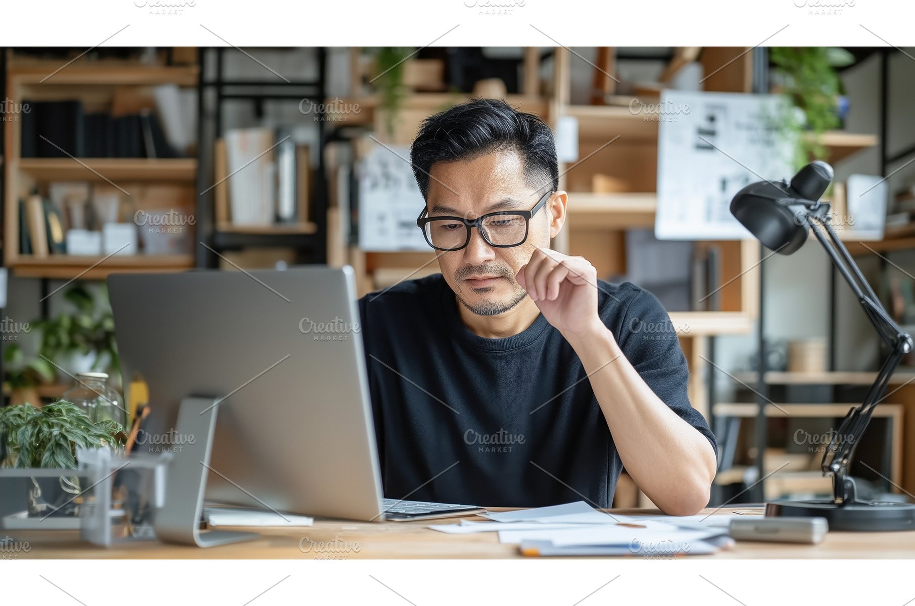 Asian man focusing on work while, a Person Photo by Sergey Kotenev