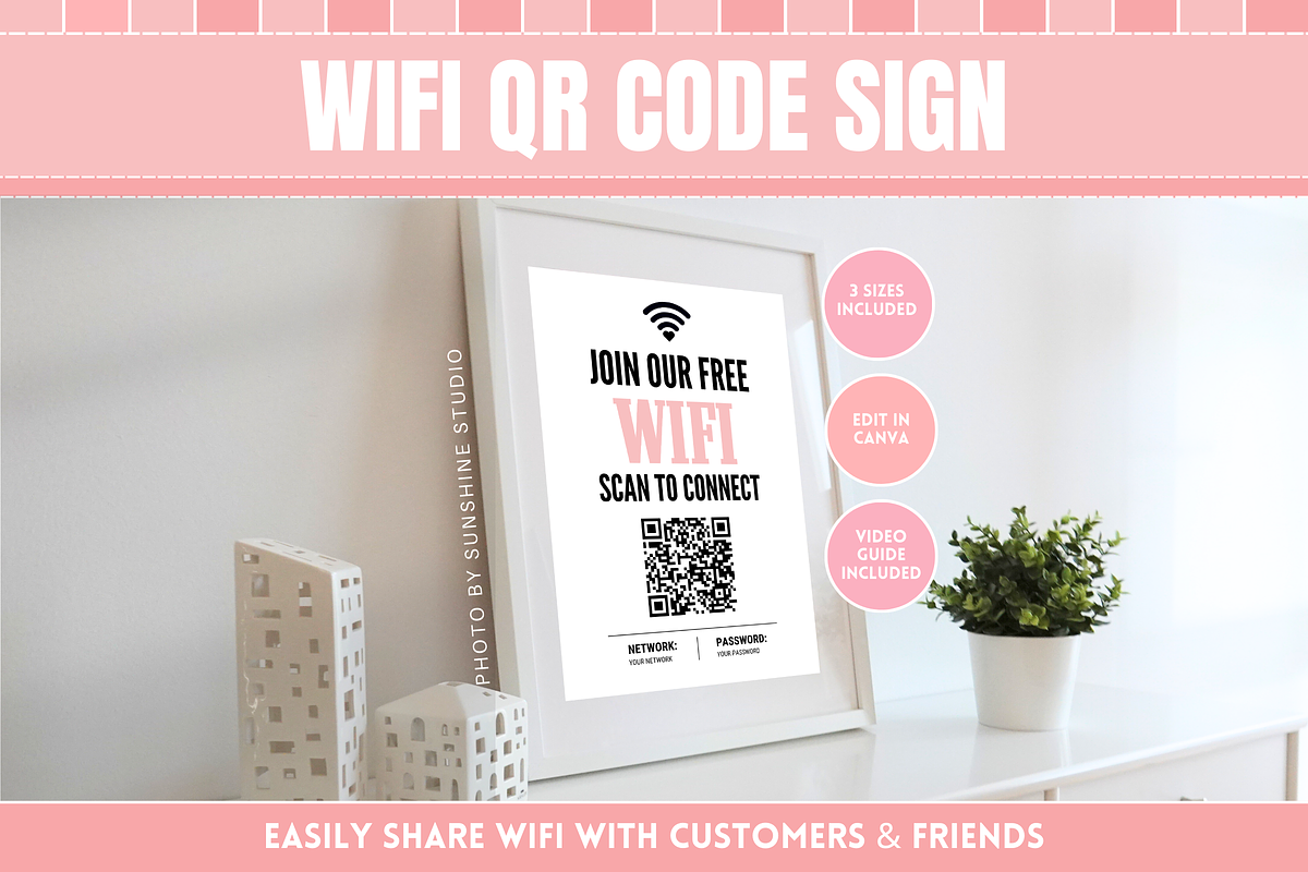 Pink & Black WiFi QR Code Sign, a Stationery Template by SunshineStudioBoutique (Photo 1 of 10)