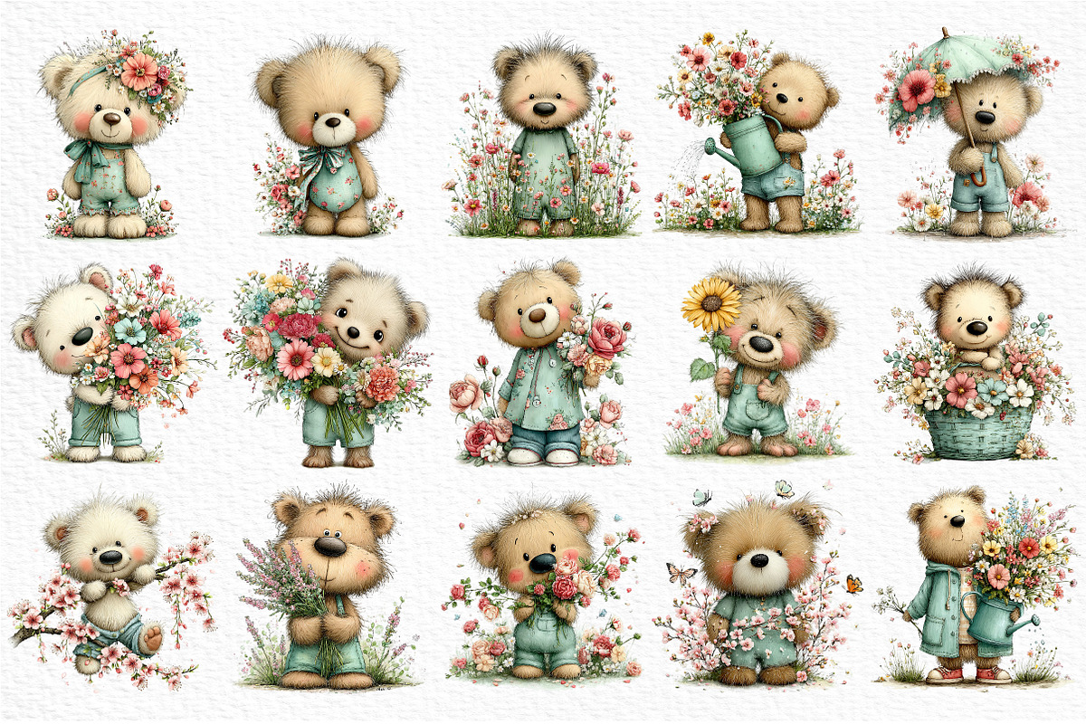 Whimsical Spring Teddy Bear Clipart, an Illustration by Craft Nest (Photo 5 of 11)