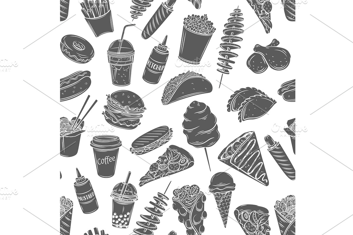 Fast food seamless pattern, a Food Illustration by VictoriaSergeeva