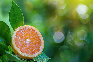 Fresh and tasty grapefruits with green leaves on blurred green background, a Food & Drink Photo by AlyaAnd