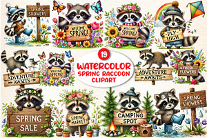 Spring Raccoon Wooden Signs Clipart, a Seasonal Illustration by DreamArtGraphic