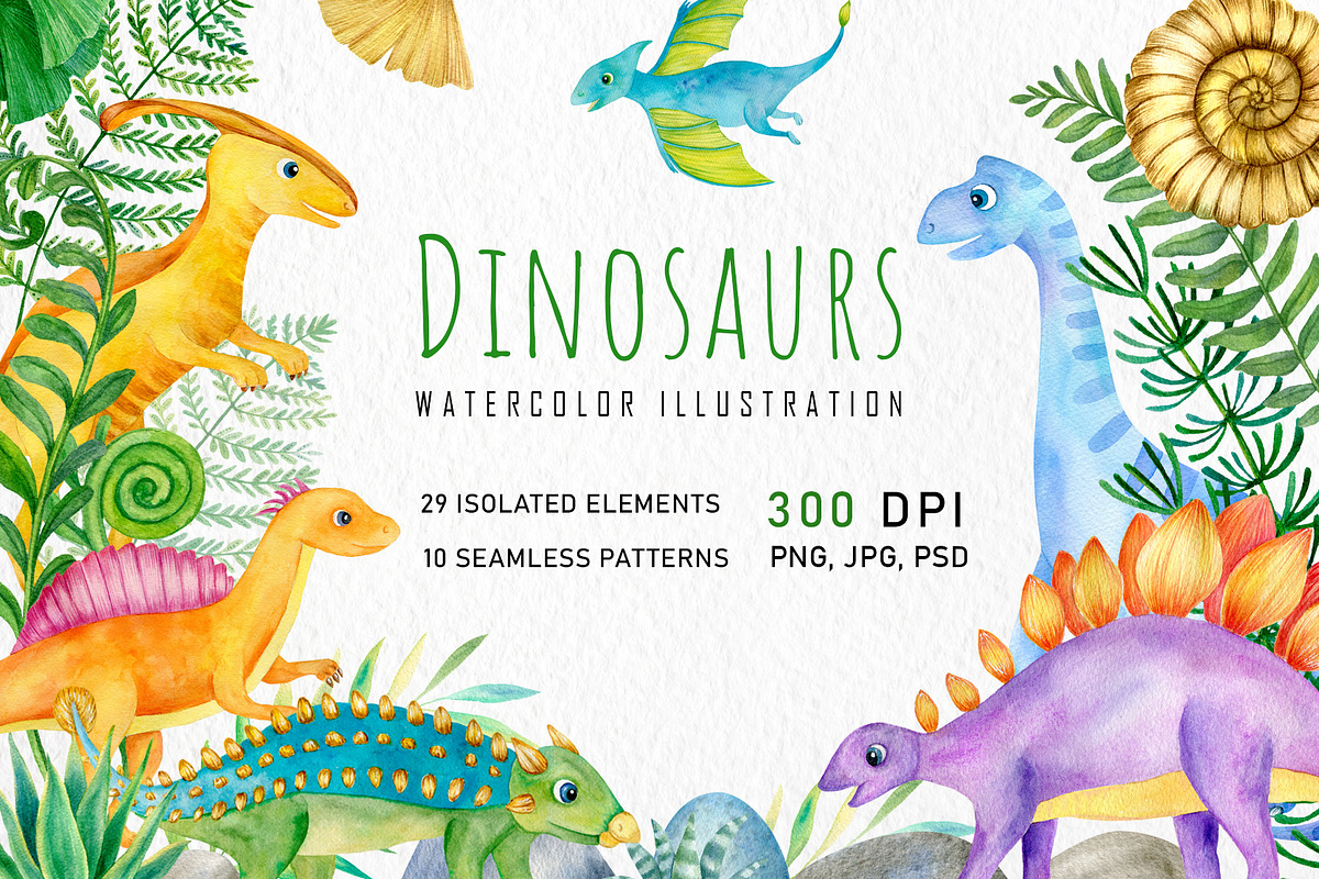 Watercolor cute dinosaurs set, an Animal Illustration by svetodesign (Photo 1 of 8)