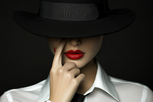 Chic woman with a hat  red lips, a Photo by Beautiful things