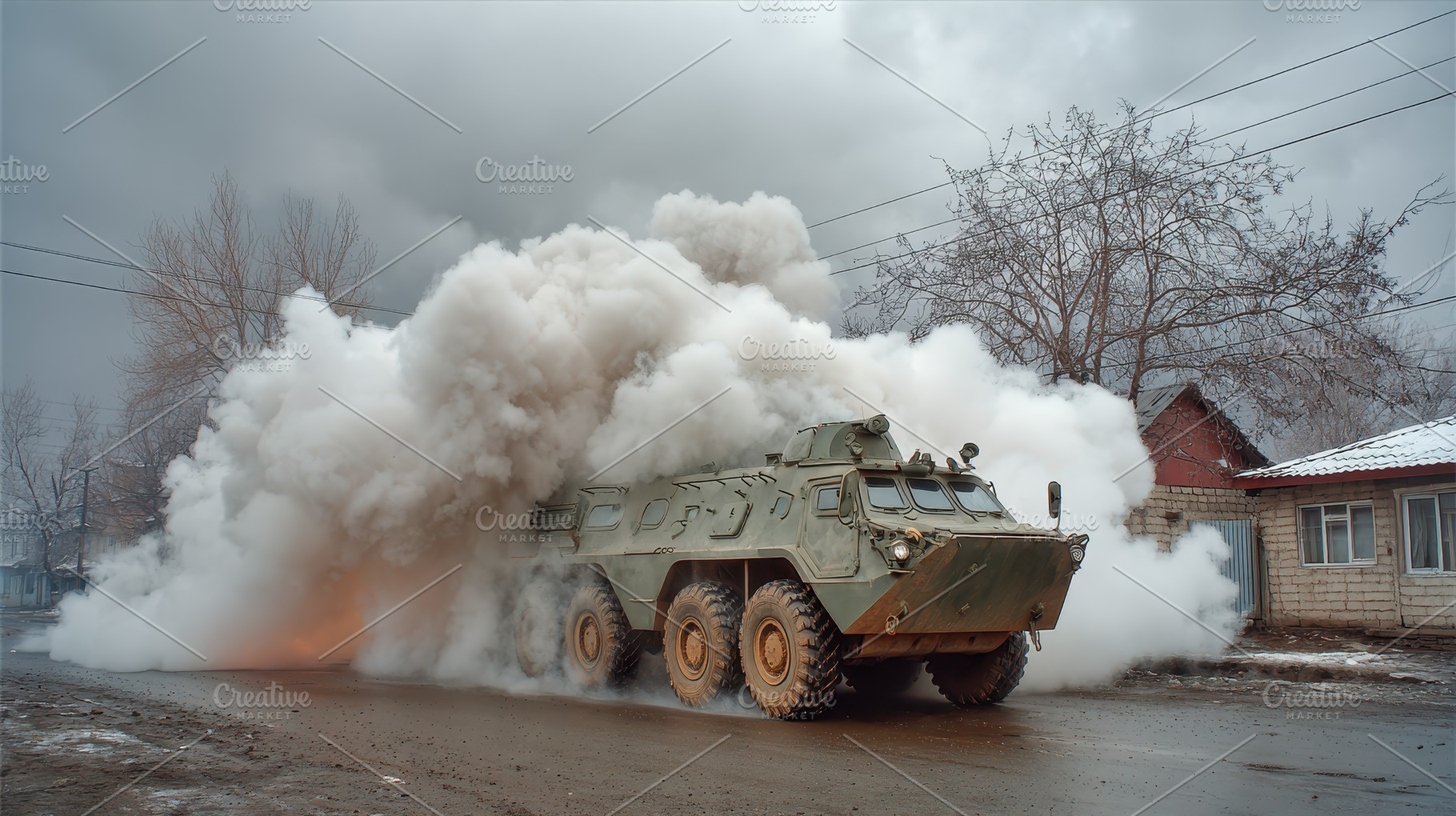 Armored vehicle driving through smok, a Photo by Pixeness Studio