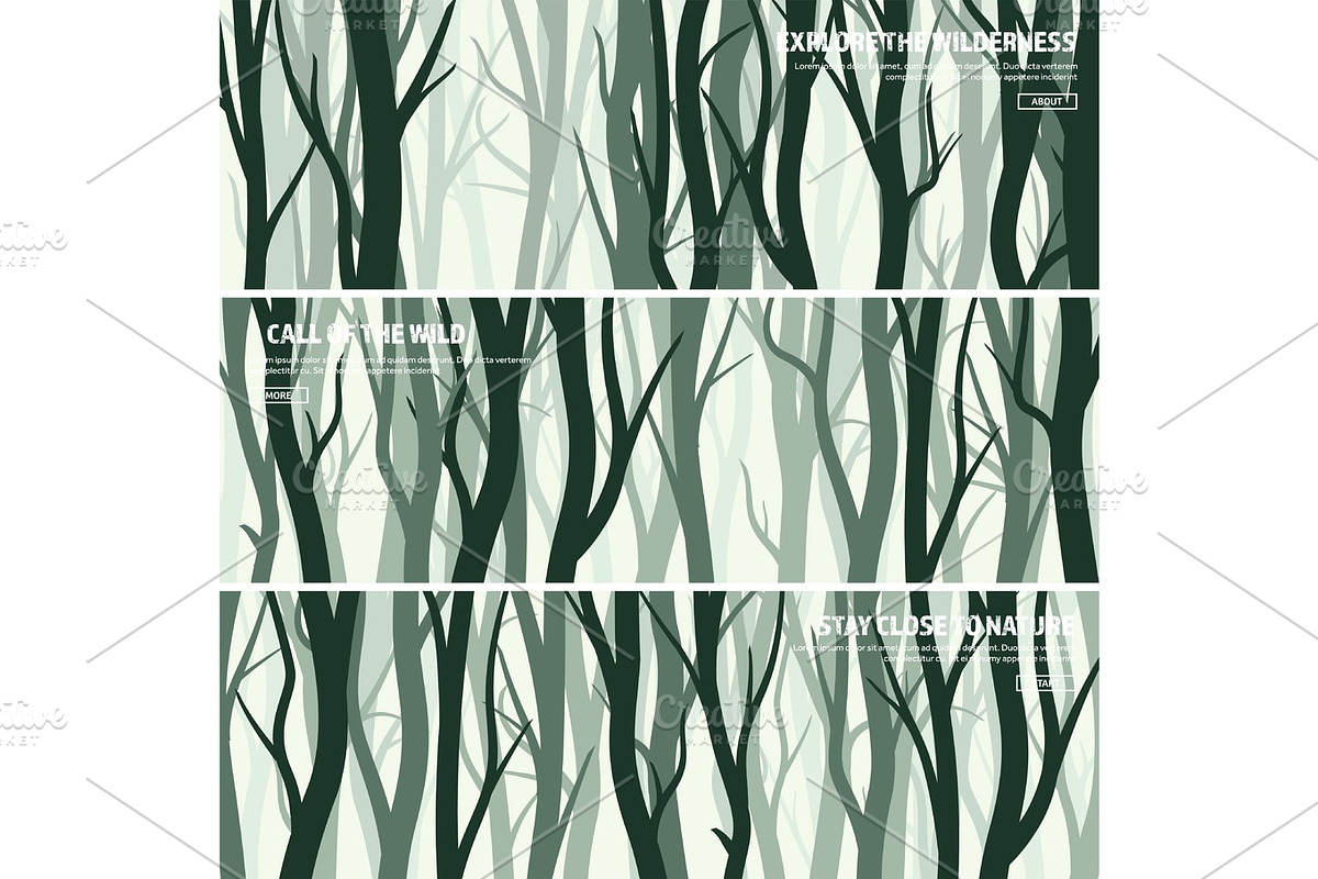 Trees set. Wild pine forest, nature background. Wood.Vector illustration.Banner. Dark green tree. Landscape.Grass,meadow., an Illustration by 32pixels