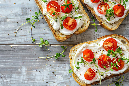 Sandwich with cream cheese, microgreens and tomatoes on wooden table, a Food & Drink Photo by AlyaAnd