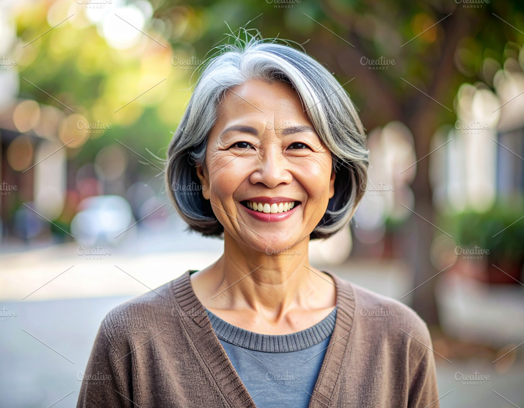 Mature asian woman with short silver hair and a radiant smile, a Person Photo by DanFLCreativo