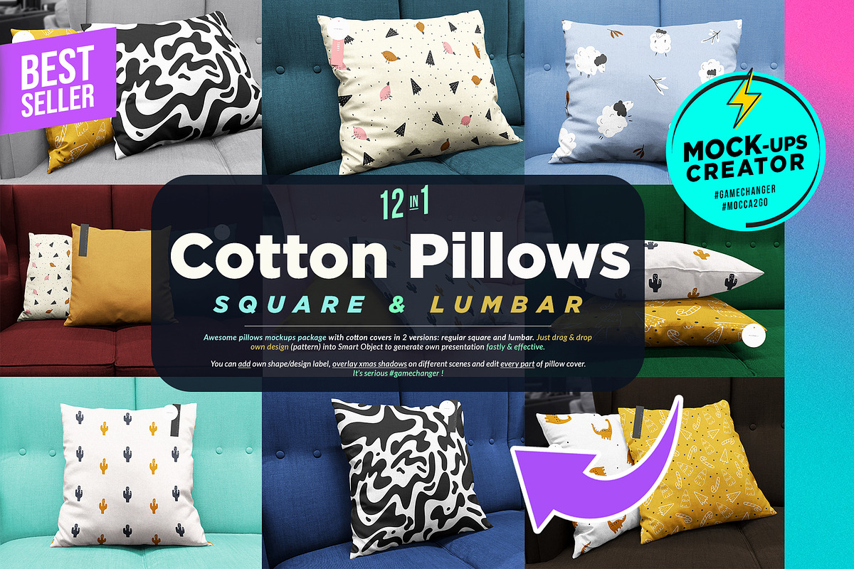 Cotton Pillows 12x Mockups, a Print Template by Mocca Mockups Store (Photo 1 of 7)