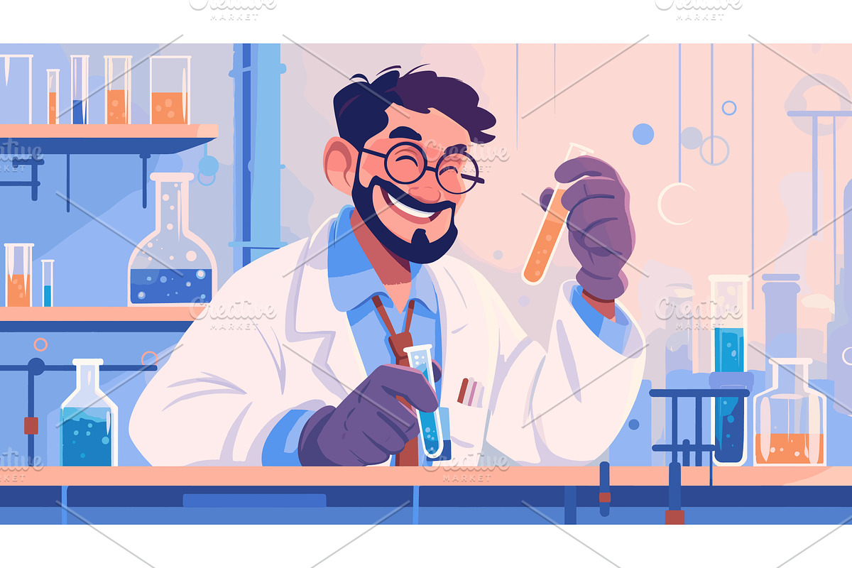 Scientist holds reagents. Chemist, an Illustration by Stock-Smart-Start