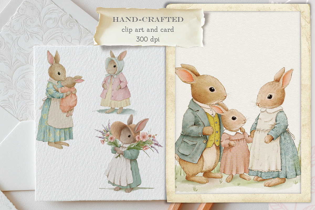 Vintage Watercolor Bunny Clipart Set, an Illustration by AlenaVlasko stock Market (Photo 1 of 5)