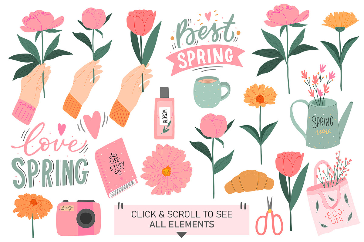 Spring elements, patterns, lettering, a Decorative Illustration by hanifa_design (Photo 2 of 8)