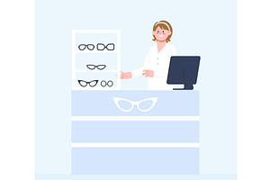 Glasses seller behind counter. Young, a Healthcare Illustration by LadadikArt